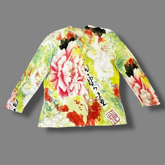 Alberto Makali Knit Top Asian Floral Sequins Zip Up Slim Fit XL  Artsy Boho 90s - Picture 7 of 9